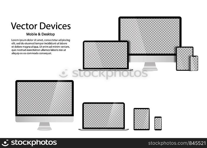 High detailed realistic set of divices Monitor laptop tablet and phone. Transparent mock up screens. Responsive design template for web or application. EPS 10. High detailed realistic set of divices Monitor laptop tablet and phone. Transparent mock up screens. Responsive design template for web or application.