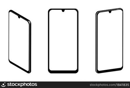 High detailed realistic smartphone Mockup isolated on a white background. Three views of the display. Device Mockup, individual groups and layers
