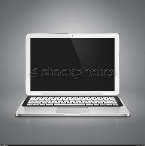 High detailed realistic vector illustration of modern laptop with black screen on gray background.