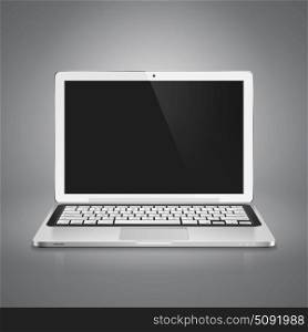 High detailed realistic vector illustration of modern laptop with black screen on gray background.