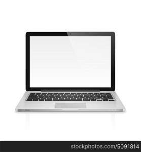 High detailed realistic vector illustration of modern laptop with blank screen on white background.