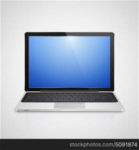 High detailed realistic vector illustration of modern laptop with blue screen on gray background.