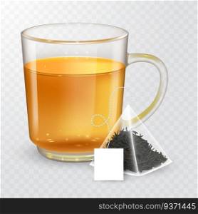 High detailed vector illustration of transparent cup with black or green tea isolated on transparent background. Pyramidal tea bag with label. Realistic style. High detailed vector illustration of transparent cup with black or green tea isolated on transparent background. Pyramidal tea bag with label.
