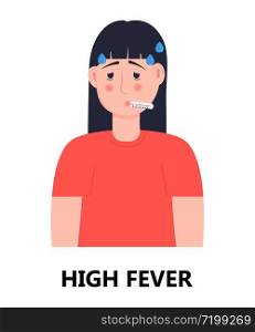 High fever of girl icon vector. Flu, cold, coronavirus symptom is shown. Woman is feverish and taking thermometer. Infected person illustration. Respiratory disease concept.. High fever of girl icon vector. Flu, cold, coronavirus symptom is shown. Woman is feverish and taking thermometer. Infected person illustration. Respiratory disease