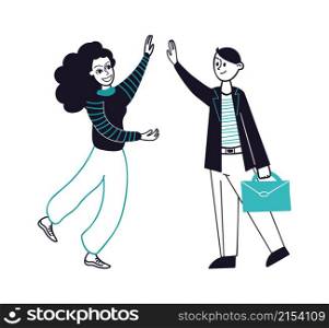 High five. Business partners meeting, happy woman and man. Friendship, female and male friend vector characters. Illustration success business team togethe. High five. Business partners meeting, happy woman and man. Friendship, female and male friend vector characters