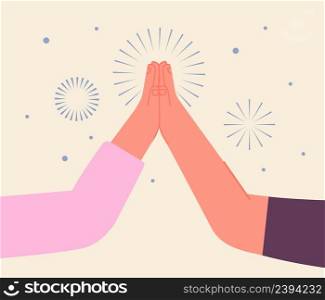 High five concept. Hand clapping, two hand of friends clap and fireworks. Friendship and support, business collaboration, festive meeting vector metaphor. Illustration of friendship hands success. High five concept. Hand clapping, two hand of friends clap and fireworks. Friendship and support, business collaboration, festive meeting vector metaphor