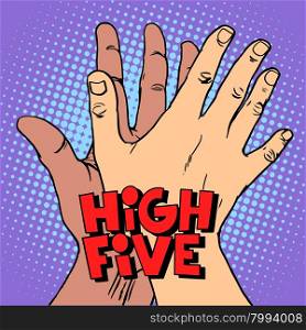 high five greeting white black hand pop art retro style. A gesture of greeting. The hands of man. Anti racism anti-fascism symbol.. high five greeting white black hand