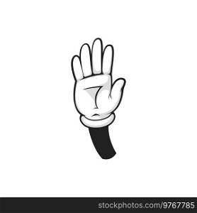 High five hand gesture isolated comic arm in glove cartoon icon. Vector human hand protest, prevention, prohibition gesture, prevention warning sign. Hi or hello greeting salute salutation gesture. Five fingers stop protest hand gesture, high five