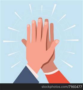 High five hands. Two hands giving high five informal greeting with friendly partners, great work achievement. Team success vector slapping working gesture concept. High five hands. Two hands giving high five informal greeting with friendly partners, great work achievement. Team success vector concept