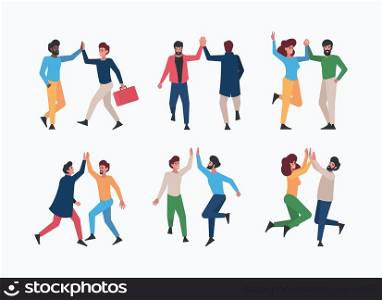 High five people. Happy persons friendship hands gestures garish vector illustrations characters emotions relationships. Friendship and cheerful greeting people happy. High five people. Happy persons friendship hands gestures garish vector illustrations characters emotions relationships