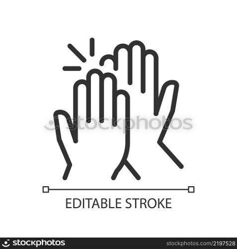 High five pixel perfect linear icon. Success gesture. Productive teamwork metaphor. Collaboration. Thin line illustration. Contour symbol. Vector outline drawing. Editable stroke. Arial font used. High five pixel perfect linear icon