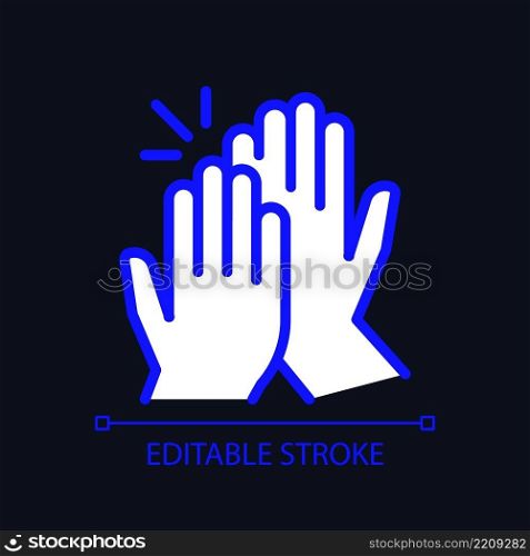 High five pixel perfect RGB color icon for dark theme. Success gesture. Productive teamwork. Collaboration. Simple filled line drawing on night mode background. Editable stroke. Arial font used. High five pixel perfect RGB color icon for dark theme