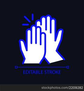 High five pixel perfect RGB color icon for dark theme. Success gesture. Productive teamwork. Collaboration. Simple filled line drawing on night mode background. Editable stroke. Arial font used. High five pixel perfect RGB color icon for dark theme