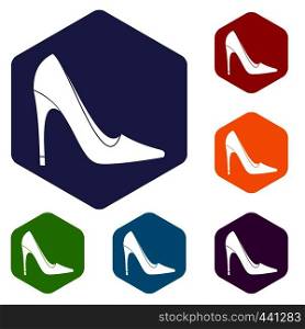 High heel shoe icons set hexagon isolated vector illustration. High heel shoe icons set hexagon
