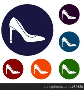 High heel shoe icons set in flat circle reb, blue and green color for web. High heel shoe icons set