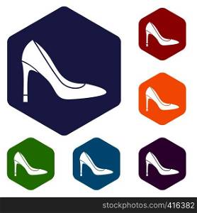 High heel shoe icons set rhombus in different colors isolated on white background. High heel shoe icons set