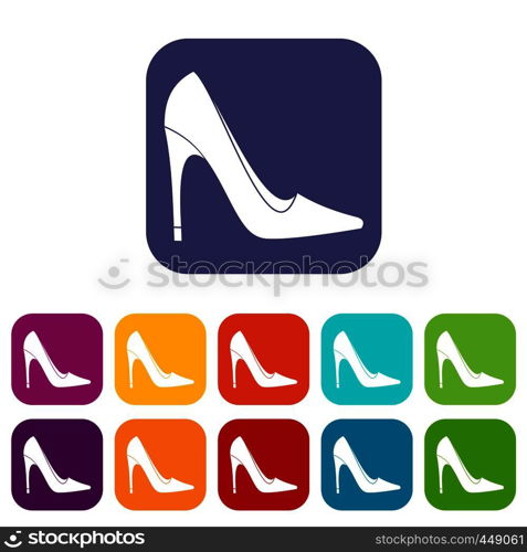 High heel shoe icons set vector illustration in flat style In colors red, blue, green and other. High heel shoe icons set flat