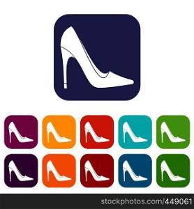 High heel shoe icons set vector illustration in flat style In colors red, blue, green and other. High heel shoe icons set flat