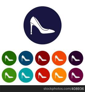 High heel shoe set icons in different colors isolated on white background. High heel shoe set icons