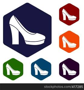 High heel shoes icons set rhombus in different colors isolated on white background. High heel shoes icons set