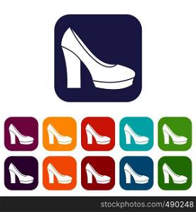 High heel shoes icons set vector illustration in flat style in colors red, blue, green, and other. High heel shoes icons set