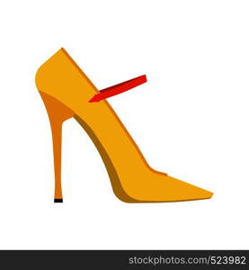 High heel yellow beautiful foot shoes wear. Feminine trendy fashion accessories flat side view. Love sexy long model vector icon