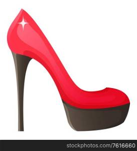 High heeled shoe, side and flat design style of fashion footwear on platform, woman glossy accessory, nightclub symbol, elegant decoration vector. Fashion Footwear, High Heeled Shoe Icon Vector