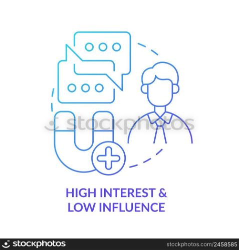 High interest and low influence blue gradient concept icon. Stakeholder mapping and analysis abstract idea thin line illustration. Isolated outline drawing. Myriad Pro-Bold font used. High interest and low influence blue gradient concept icon