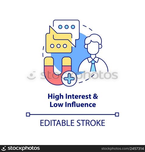 High interest and low influence concept icon. Stakeholder mapping abstract idea thin line illustration. Isolated outline drawing. Editable stroke. Arial, Myriad Pro-Bold fonts used. High interest and low influence concept icon