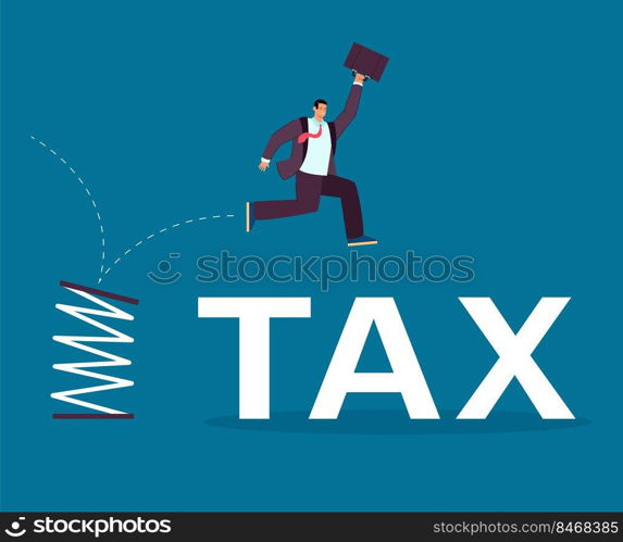 High jump of businessman reducing tax burden. Happy exempt male character with briefcase jumping from flexible spring flat vector illustration. Taxation, tax avoidance or exemption, leadership concept. High jump of businessman reducing tax burden