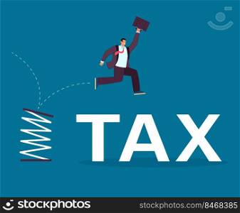 High jump of businessman reducing tax burden. Happy exempt male character with briefcase jumping from flexible spring flat vector illustration. Taxation, tax avoidance or exemption, leadership concept. High jump of businessman reducing tax burden