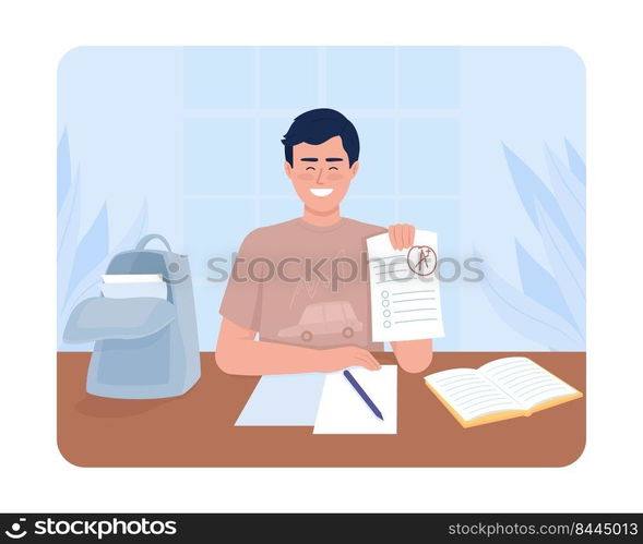 High level of academic achievement 2D vector isolated illustration. Happy male student flat character on cartoon background. Colourful editable scene for mobile, website, presentation. High level of academic achievement 2D vector isolated illustration