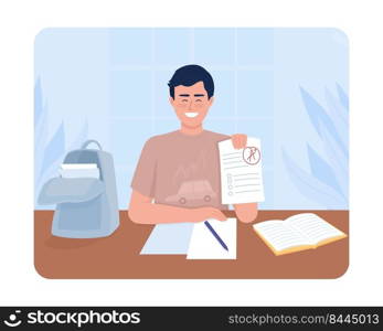 High level of academic achievement 2D vector isolated illustration. Happy male student flat character on cartoon background. Colourful editable scene for mobile, website, presentation. High level of academic achievement 2D vector isolated illustration