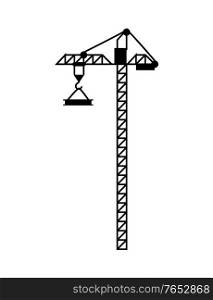 High lift construction with hook and load, crane in black color and flat design style, modern equipment for raising building objects, machine vector. Crane with Load, Lift Equipment, Building Vector