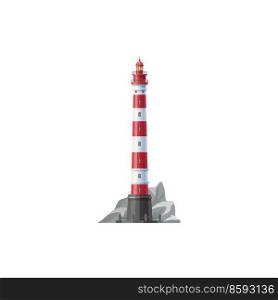 High lighthouse building on rocky shore icon. Coastal lighthouse lantern building, vector nautical beacon. Maritime travel, tourism symbol. lighthouse tower on ocean shore with rocks. Sea lighthouse high, striped building vector icon