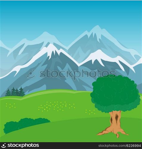 High mountains and green meadow with flower. Mountain year landscape