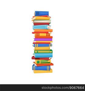 High pile of books, cartoon stack of textbooks, educational materials. Vector stacked encyclopedias, bookstore literature, paper source of information. Pile of books, high stack of textbooks literature