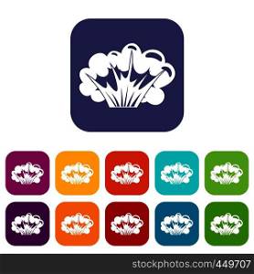 High powered explosion icons set vector illustration in flat style In colors red, blue, green and other. High powered explosion icons set flat