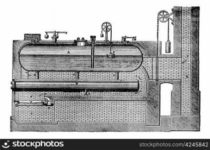 High pressure steam generator, vintage engraved illustration. Steam boiler. Magasin Pittoresque 1875.