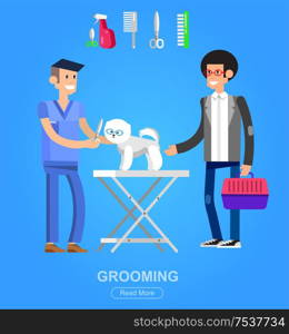 high quality character design veterinarian with dog, groomer, cuts Pomeranian, icon for grooming service. high quality character design veterinarian