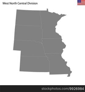 High Quality map of West North Central division of United States of America with borders of the states. High Quality map of West North Central division of United States