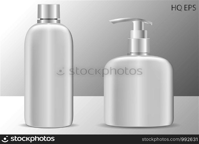 High quality shampoo and soap dispenser bottles cosmetic mockup. EPS Vector illustration ready for your design. Isolated packaging.. High quality shampoo and soap dispenser bottle