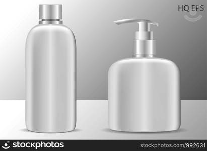 High quality shampoo and soap dispenser bottles cosmetic mockup. EPS Vector illustration ready for your design. Isolated packaging.. High quality shampoo and soap dispenser bottle