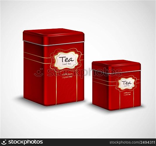 High quality tea metal packaging and storage containers realistic advertisement poster with 2 red tins vector illustration. Tea Tins Red Metal Containers Set