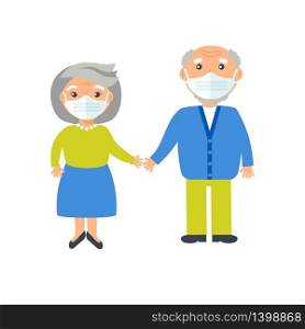High risk group,elderly people, coronavirus or nCov-2019 virus infection. Female and male cartoon characters holding hands and wearing hygenic face mask for protection on white background.. High risk group,elderly people, coronavirus or nCov-2019 virus infection. Female and male cartoon characters holding hands and wearing hygenic face mask for protection on white background