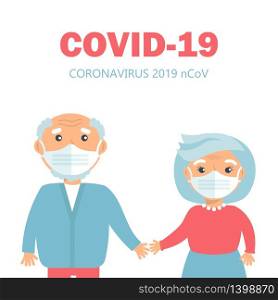 High risk group,elderly people, coronavirus or nCov-2019 virus infection. Female and male cartoon characters holding hands and wearing hygenic face mask for protection on white background.. High risk group,elderly people, coronavirus or nCov-2019 virus infection. Female and male cartoon characters holding hands and wearing hygenic face mask for protection on white background