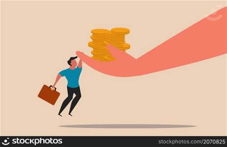 High risk of investing money in business. Man holds the hand that holds money gold coins vector illustration. Happy investor deal or bad luck in the market. Chance to people make money trading