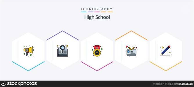 High School 25 FilledLine icon pack including school supplies. student card. search. id. badge