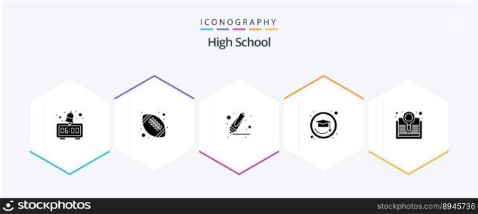 High School 25 Glyph icon pack including . research. highlighter. explore. graduation cap