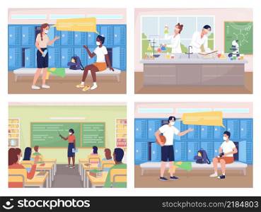 High school classes flat color vector illustration set. Chemistry laboratory. Changing room. Students on lessons and breaks 2D cartoon characters with room interiors on background collection. High school classes flat color vector illustration set